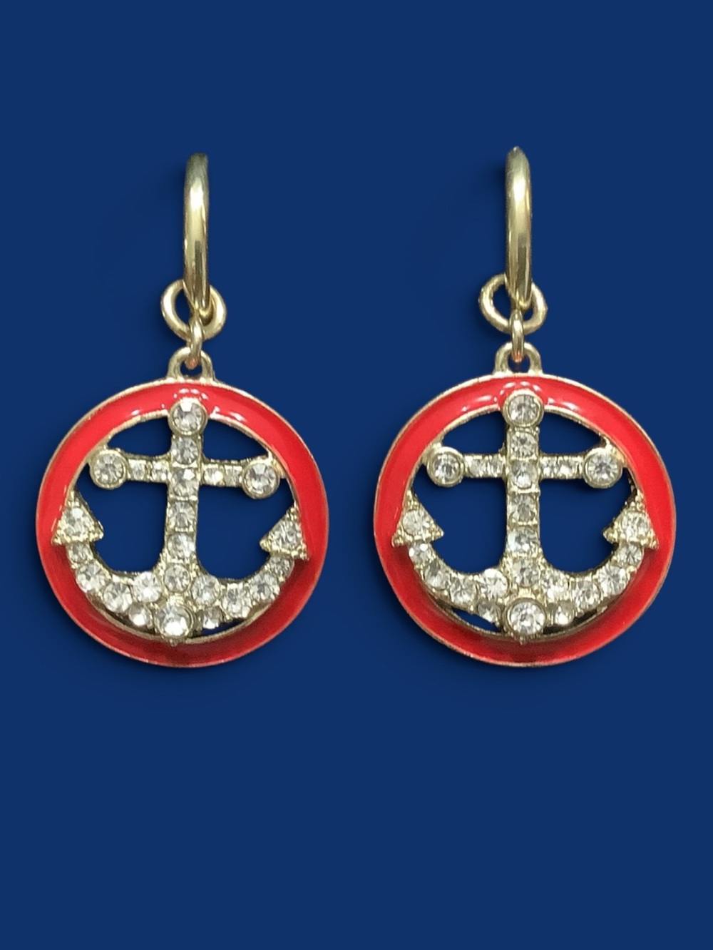 Heidi Daus Anchor Drop Gold Earrings in Red Enamel & Clear Crystals. NWOT